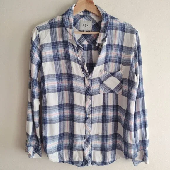 Rails Charli Shirt M Blue Pink Plaid Flowy Relaxed Fit Button Front Top - Picture 11 of 11